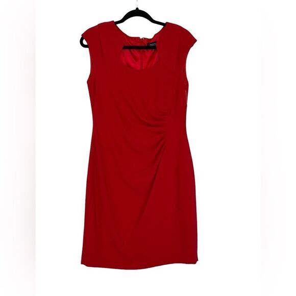 Tahari Red Jewel Neck Ruched Knee Length Dress| Size 8 - Picture 1 of 9